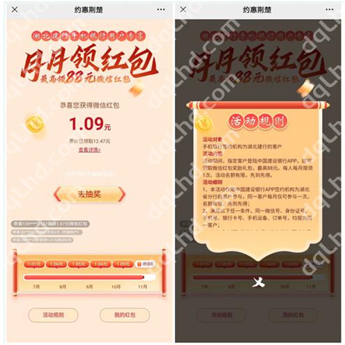建行湖北分行用户领取最高88元微信现金红包，亲测1.09元秒到